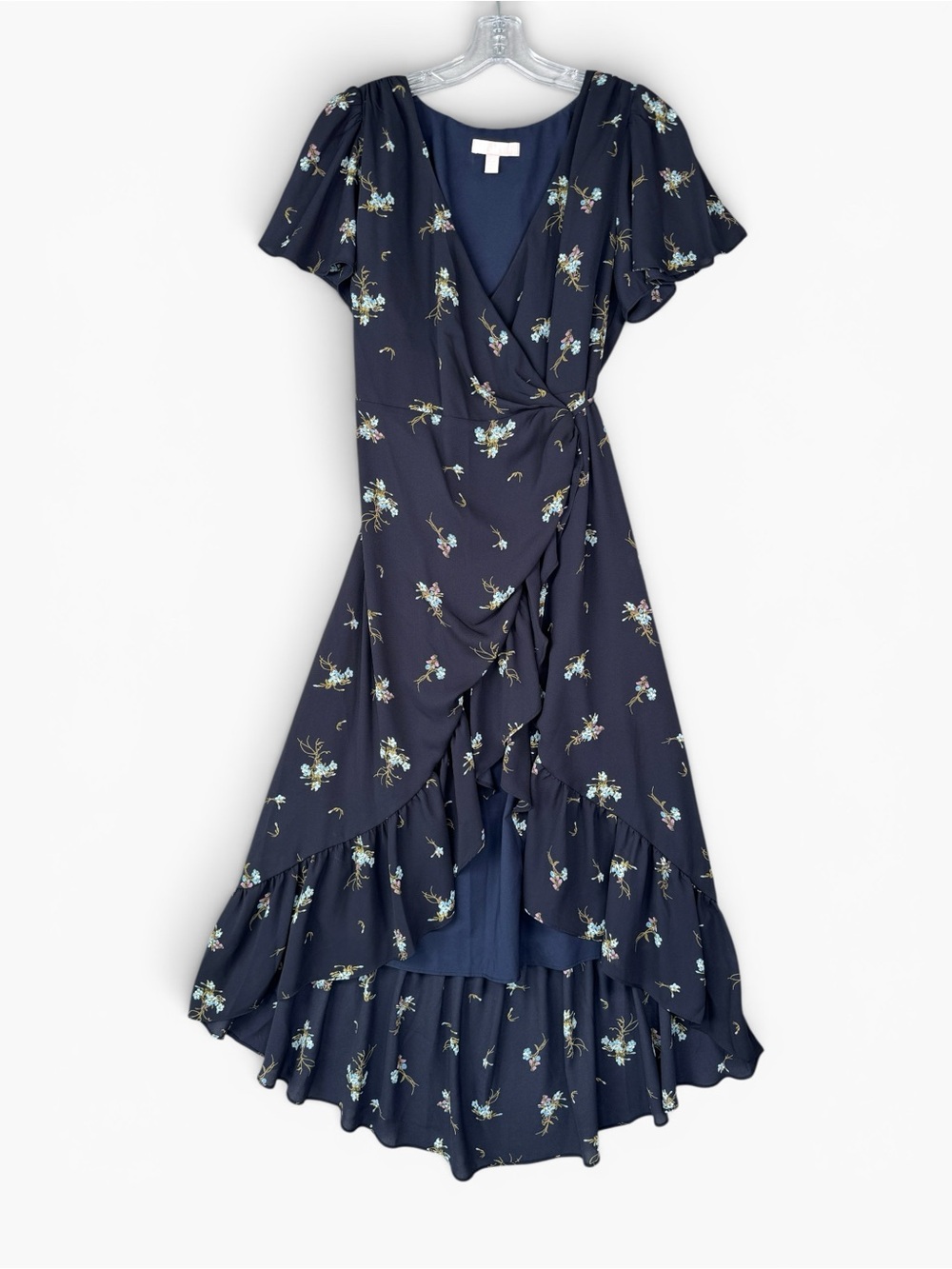 CHELSEA28 Floral Chiffon Wrap Midi Dress Navy Ruffle XS Romantic Chic